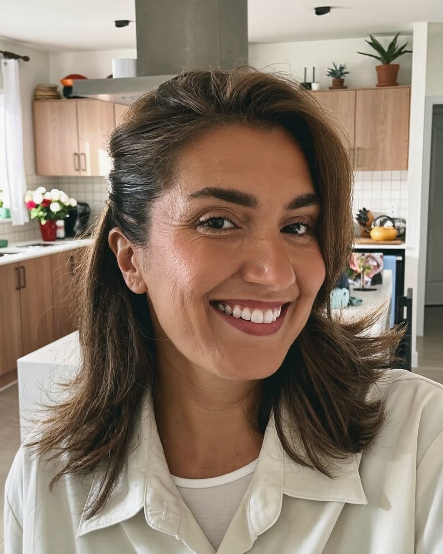 Carla na cozinha de casa, sorrindo